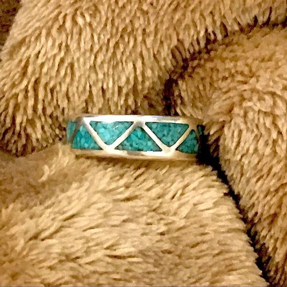 VTG Sterling Silver Southwest Crushed Turquoise Inlay Ring - Picture 13 of 13